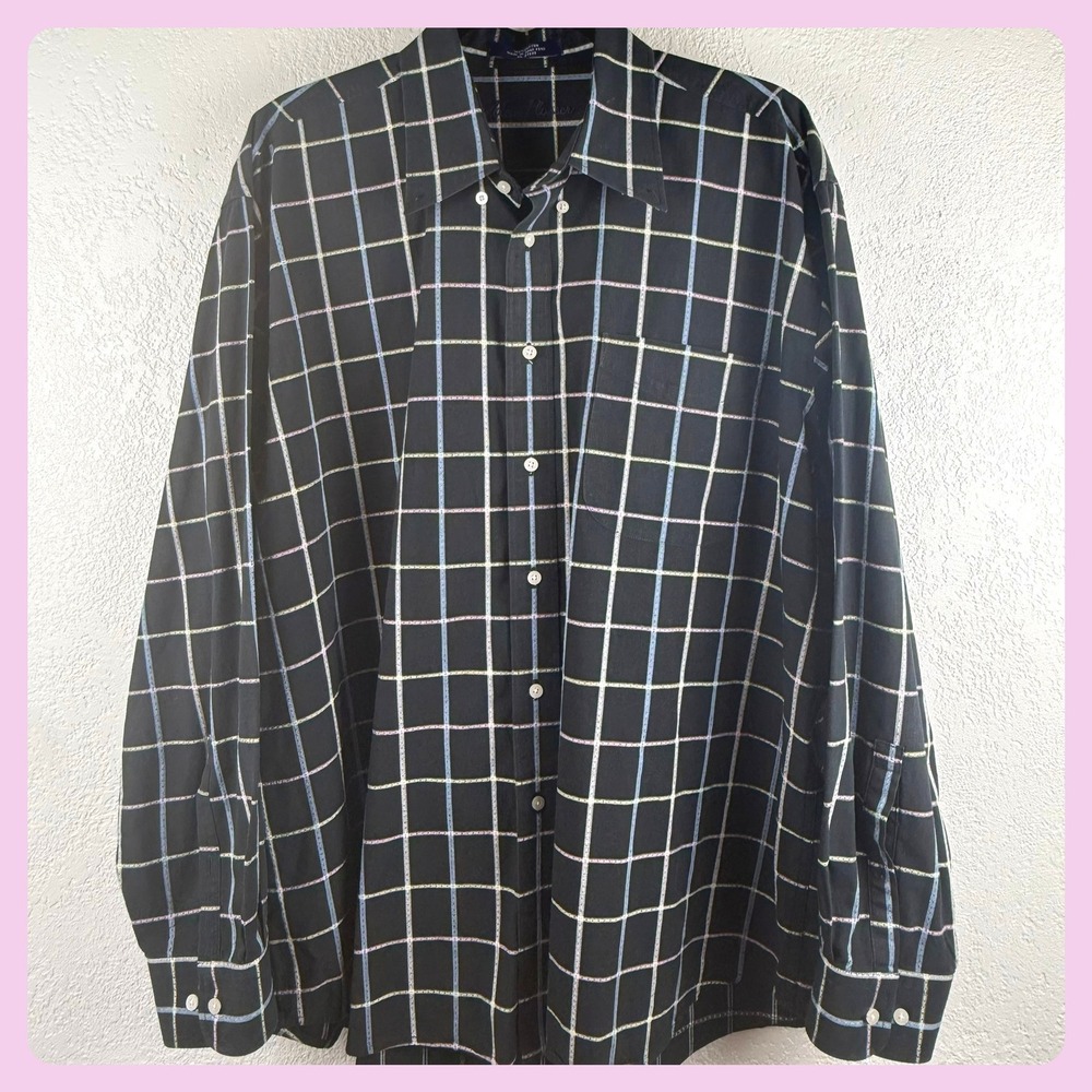 Alan‎ Flusser Mens Black Multi Color Grid Long Sleeve Button Up Shirt XL